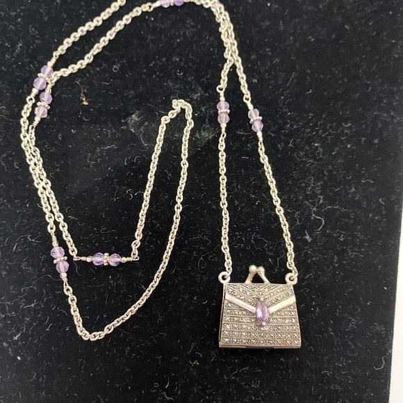 Sterling Silver Amethyst marcasite purse locket Necklace - Picture 5 of 7
